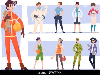 Woman occupations. Set of female characters workers athlete cook and other professional occupation exact vector illustrations Stock Vector