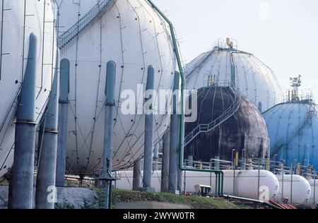 Butane gas tanks, distribution plant. El Musel, port of Gijón. Spain. Stock Photo