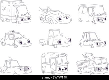 Cartoon illustrations of funny transportation vehicles and ships ...