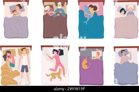 Lying top view. Sleeping people lying in bed kids dreaming exact vector bedtime concept cartoon illustrations Stock Vector