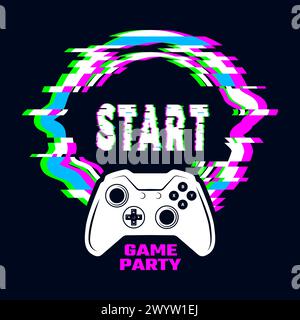 Game poster. sci fi glitched round shapes gamepad for video games vector placard with place for text Stock Vector