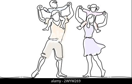 Father and mother dancing while holding children on shoulders. Happy family concept Stock Vector