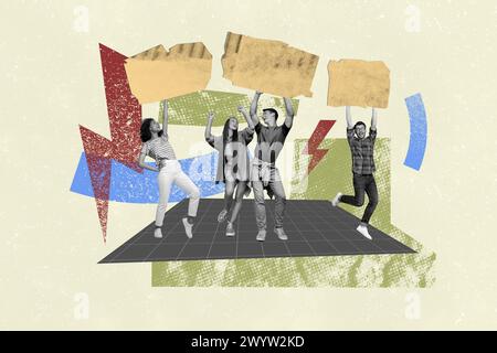 Composite collage picture image of young people hold plate announce sale promo news paper texture fantasy billboard comics zine minimal Stock Photo