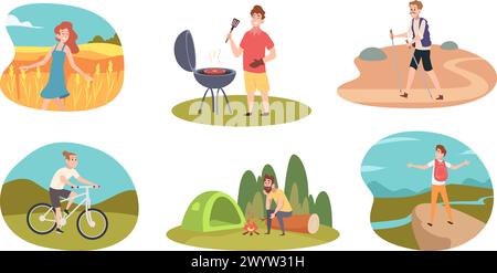 Nature relax people. Characters walking outdoor leisure in nature lying in hammocks and grass exact vector cartoon concept illustrations Stock Vector