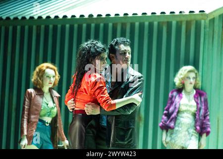 l-r: Gabriele Kupsyte (Mercedes), Aigul Akhmetshina (Carmen), Piotr Beczala (Don Jose), Sarah Dufresne (Frasquita) in CARMEN at the Royal Opera House, Covent Garden, London WC2  05/04/2024 music: Georges Bizet  libretto: Henri Meilhac & Ludovic Halevy  dramaturg: Elisa Zaninotto  conductor: Antonello Manacorda  set design: Paulo Fantin  costumes: Carla Teti  lighting: Alessandro Carletti  director: Damiano Michieletto Stock Photo