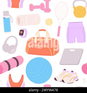 Sport tools seamless pattern. Workout elements, athletic style printable design for fabric, wrapping, banners. Clothes, shoes, accessories racy vector Stock Vector