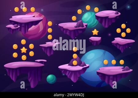 Game space location. Videogame location design with floating islands and golden coins in universe. Fantasy world, jumping level nowaday vector scene Stock Vector