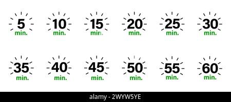 Timer, clock, stopwatch, 5, 10, 15, 20, 25, 30, 35, 40, 45, 50, 55, 60 minutes set collection vector. Stock Vector