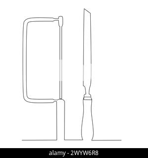 chisel and hack saw tool set illustration. Small carpentry work in the workshop and Home renovation concept design element. Continuous line drawing Stock Vector