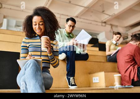 Students of various backgrounds attentively listening to a lecture in a university lecture hall setting. Stock Photo