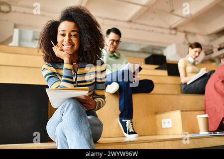 Multicultural students, including African American and Black girl, attentively listen in a university lecture hall. Stock Photo