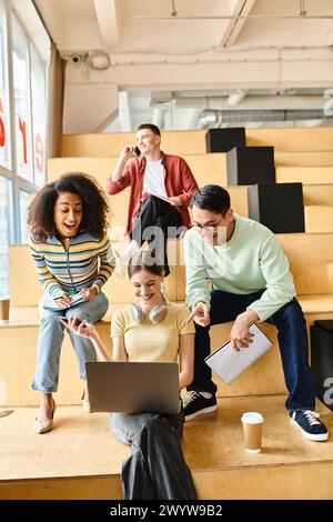 Multicultural group of students gather around a laptop, engaged in a discussion about education and technology Stock Photo