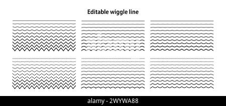 Editable wiggle lines. Set of wavy curves and zigzag intersecting horizontal strokes. Transition from a straight line to a wavy one. Geometric design Stock Vector