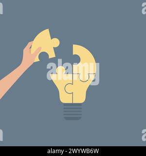 Hand placing missing piece on puzzle in the shape of a lamp. Vector illustration in flat style Stock Vector