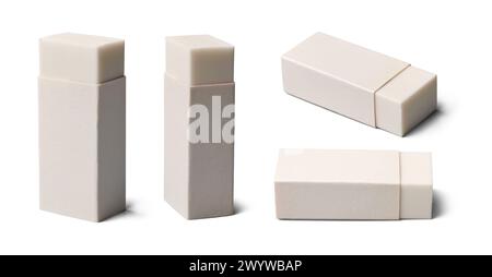 set of rubber erasers isolated white background, traditional rectangular shaped block erasers made from natural rubber in different angles stationery Stock Photo