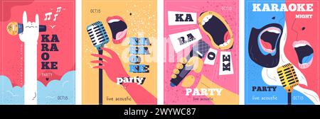 Karaoke microphone posters. Open mic festival, singer party singing event poster abstract design art, night music sound concert or comedy club flyer set, classy vector illustration Stock Vector