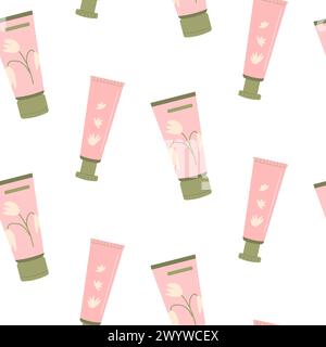Moisturizing face skincare seamless pattern. Beauty products endless background. Skin, body cosmetics bottles, containers and tubes. Flat vector illus Stock Vector