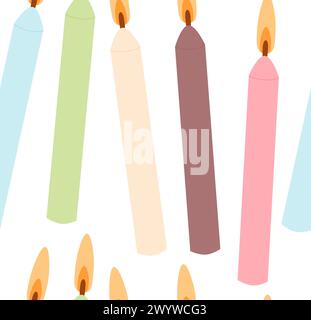 Burning birthday cake candles seamless pattern. Holiday endless background. Anniversary cover. Vector flat illustration. Stock Vector