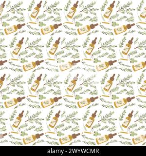 Rosemary essential oil seamless pattern. Amber glass dropper bottle of oil with fresh herb branch green leaves repeat background. Aromatherapy endless Stock Vector