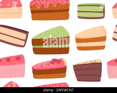 Cakes seamless pattern. Sweet bakery piece. Pastry dessert slices with cream endless background. Vector pie flat repeat cover illustration. Stock Vector