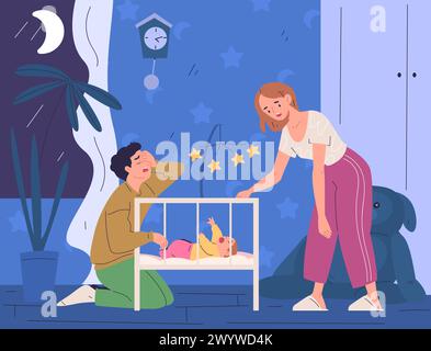 Infants sleeping problems. Sleepy exhausted parents couple and crying newborn baby from colic in night room, tired father mother parental fatigue problem vector illustration of exhausted motherhood Stock Vector