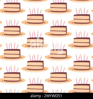 Birthday cakes with candles seamless pattern. Celebration sweet bakery piece treat. Holiday pastry dessert slices with cream endless background. Vecto Stock Vector