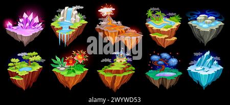 Fantasy islands. Gaming floating island nature, flying magical lifeless ground with volcano lava river rock stone or ice, game map land planet platform vector illustration of fantasy game island Stock Vector