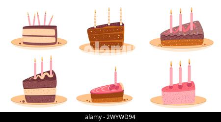 Birthday cakes portion set isolated. Sweet holiday bakery pieces collection. Pastry chocolate fruit, berry dessert slices with candles for breakfast. Stock Vector