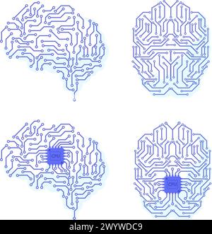 Electric circuit brain. Brains synapses electrons microchip circuit pathway line, electricity digital communication artificial intelligence complex concept neat vector illustration of brain circuit Stock Vector