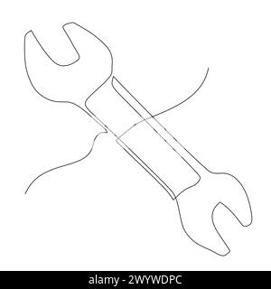 Continuous line drawing of a wrench. Tools for fastening or loosen nuts or bolt. Simple flat hand drawn style vector for tool in engineering and const Stock Vector
