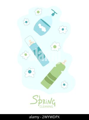 Spring cleaning. Home spray gel foam cleaners. Washing house supplies. Liquid product in bottle. Vector flat illustration. Stock Vector