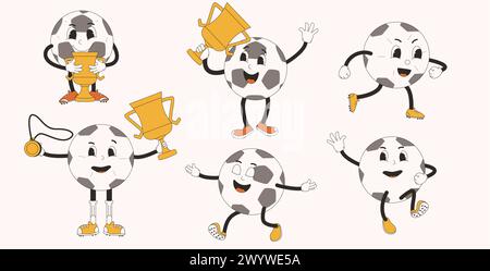 Soccer ball retro mascots set. Football groovy characters collection ...