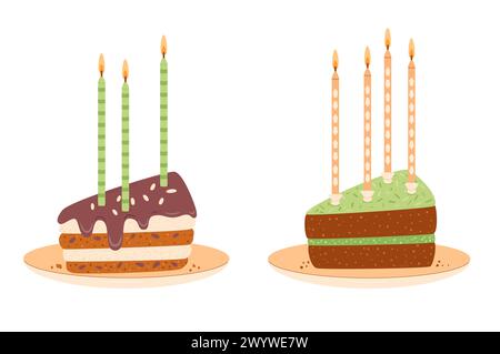 Birthday cake slices set. Sweet holiday bakery piece. Pastry dessert with cream and candles for breakfast. Vector pie hand drawn flat illustration iso Stock Vector