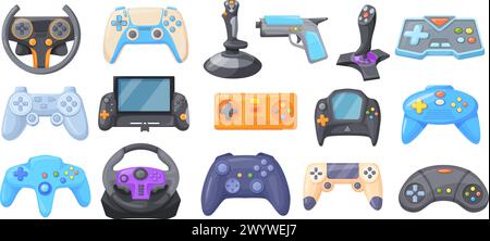 Videogame cartoon controllers. Console game joystick and gamer controller, gaming leisure remote control or wireless gamepad for computer games neat vector illustration of controller console Stock Vector