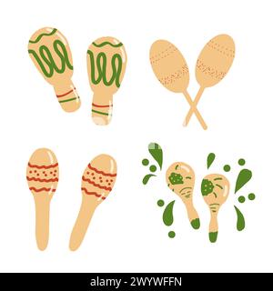 Maracas set. Mexican musical tools. Vector flat hand drawn illustration isolated on white background. Stock Vector
