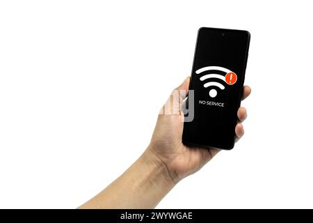 Cellular Problems Concepts. Man hand holding Smart phone with No Service icon on screen isolated on white background. All screen graphics are made up. Stock Photo