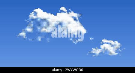 Raster clouds in the blue sky. Halftone white smoke with texture on clear background. Pop art object with dot pattern. Vector retro bg Stock Vector