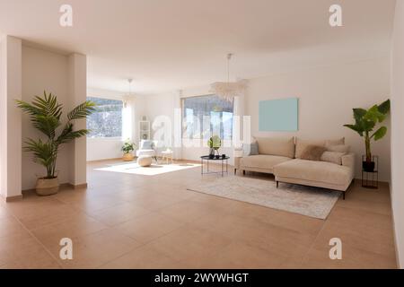 Spacious living room with carpet sofa and large open space in front. Large windows and green plants inside.  Interior of a Swiss luxury flat. Stock Photo