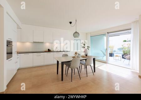 Interior flat with large kitchen and dining room. View onto a terrace. Stock Photo