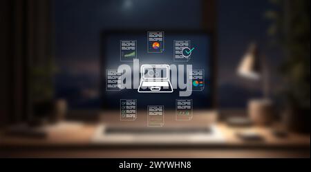 computer hologram surrounded by documents with graphics. concept organization and search of business files Stock Photo