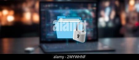 cybersecurity concept. secure folder icon on out-of-focus laptop background. Stock Photo