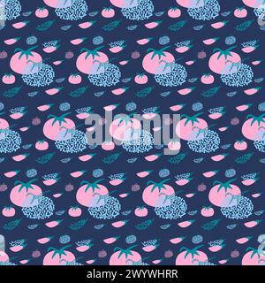 Tomato stylized seamless pattern. Whole vegetable and slice Tomatoes repeat background with dots decorations. y2k simple loop ornament. Vector illustr Stock Vector