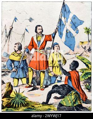 Discovery of Madagascar around 1500 by Portuguese Exploer and Sea Captrain Diogo Dias aka Diogo Gomes, the First European to Sight and Visit the Island of Madagascar. Vintage or Historic Coloured Engraving or Illustration, early c20th. Stock Photo