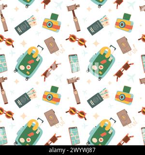 Travel seamless pattern. Tourism accessories endless background. Trip elements repeat cover. Holiday weekend vacation. Vector flat illustration. Stock Vector
