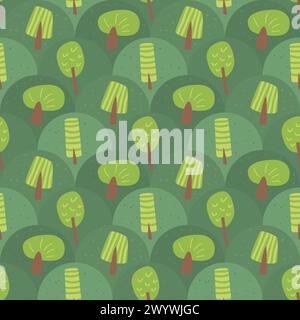 Summer forest landscape seamless pattern. Trees dynamic endless background. Park repeat cover. Nature environment loop ornament. Vector flat hand draw Stock Vector