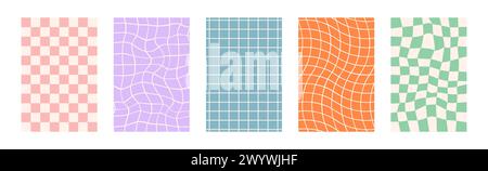 Abstract groovy backgrounds. Hippie vertical backdrops. Y2k aesthetic. Twisted design in pink and purple colors. Retro psychedelic vector illustration Stock Vector