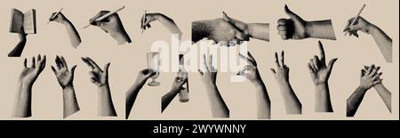 Halftone hands set. Trendy Creative collage elements. Gesture signs. Vector illustration Stock Vector