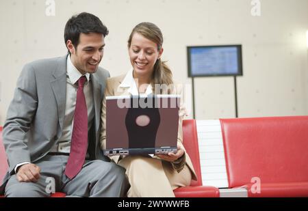 Businessmen. Waiting room. Delicias station, Zaragoza, Aragón. Spain. Stock Photo