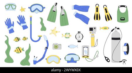 Diving equipment and accessories set. Divers swimming oxygen masks, tanks and tube for scuba and snorkel. Underwater sea marine snorkeling sport. Flat Stock Vector