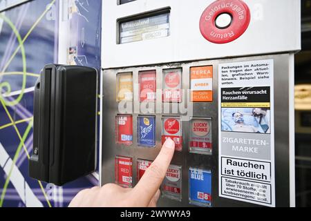 08 April 2024, Baden-Württemberg, Stuttgart: A Tobaccoland cigarette  vending machine. According to its own information,